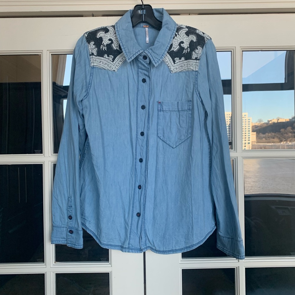 Free People Patchwork Denim Button Down